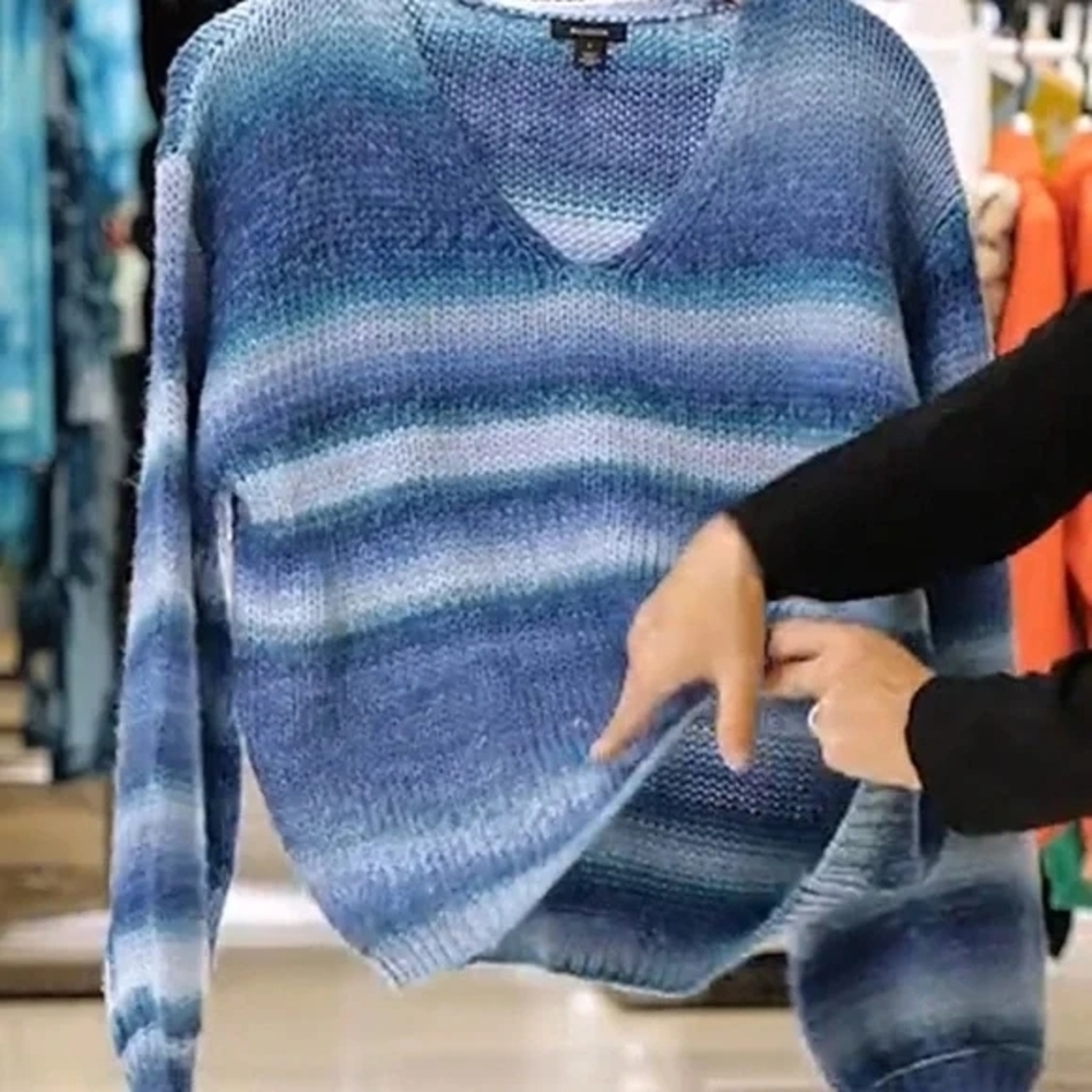Halogen Blue Striped V-Neck Sweater